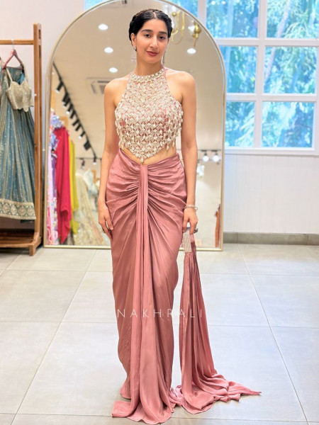 Ruched Pink Halter Neck Crop Top Skirt Set with Cut Dana, Pearl and Bead Work