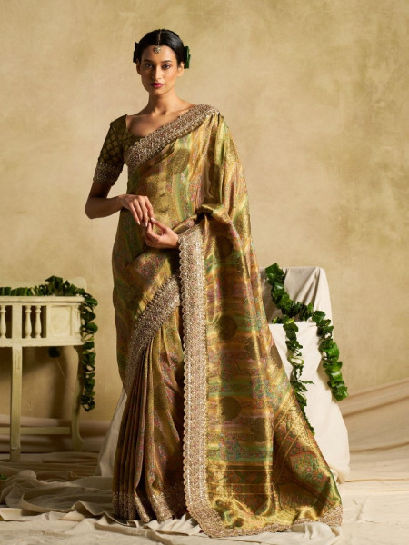 Parisa Green Tissue Dola Silk Saree with Heavy Zardozi Border