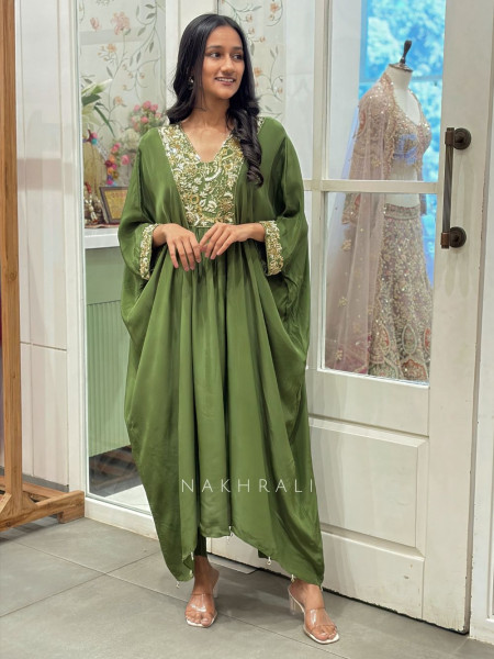 Lehar Green Kaftan Set with Sequin and Cut Dana Yoke and Sleeve Work