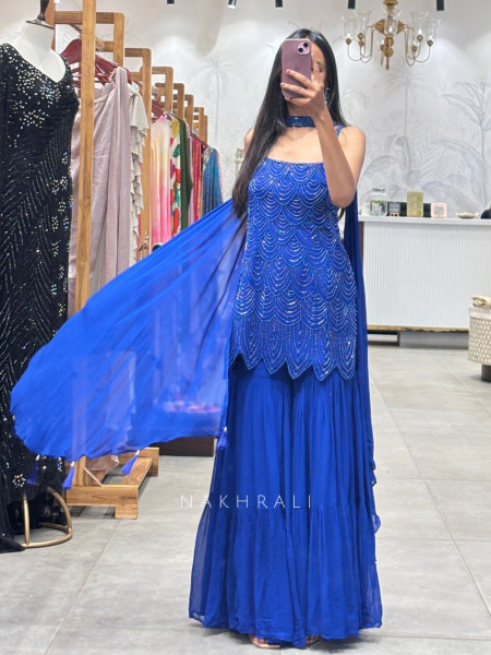 Royal Aura Blue Gharara Set with Pearl and Cutdana Work