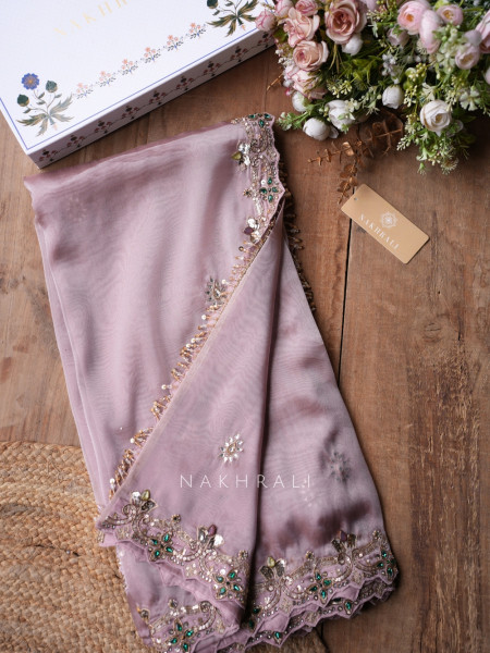 Marrakesh Noor Pink Saree with Readymade Blouse And Cutdana Mirror Work