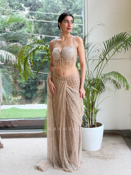 Tarini Beige Beaded Drape Saree