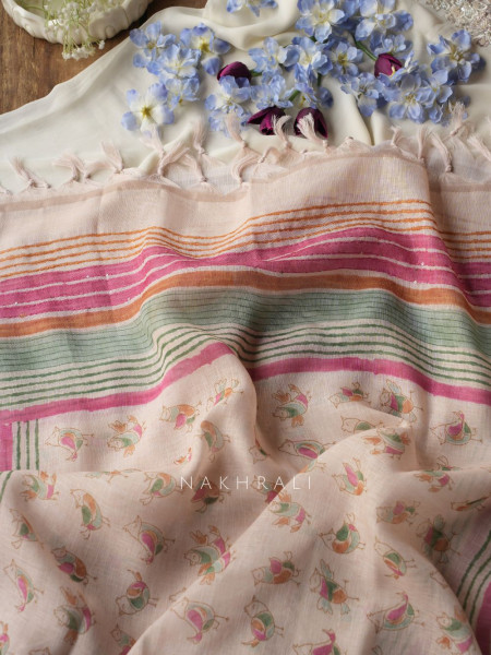 Panchi Beige Twill Blend Dress Material with Bird Thread Embroidery