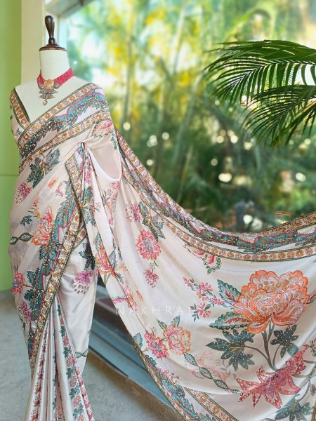 Shreeja Cream Saree with Floral Print and Sequin Work