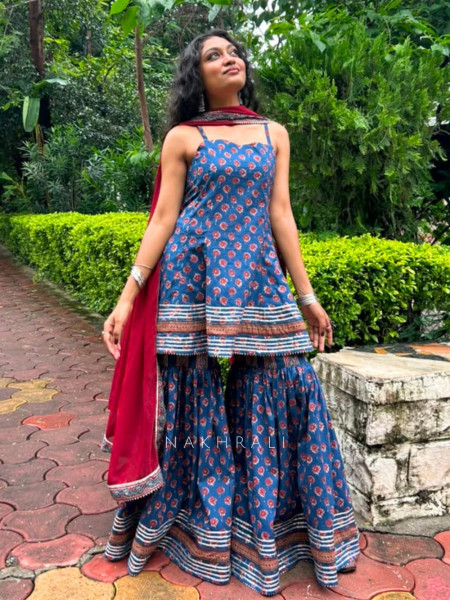 Varanya Blue Cotton – Gharara Suit Set With Traditional Print Detail