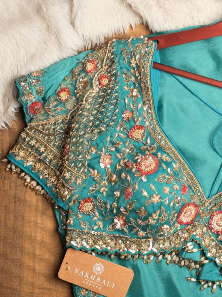 Cinderella Teal Satin Crepe Saree with Embroidered Readymade Blouse