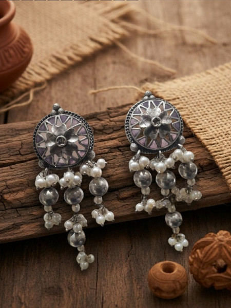 Kusumika Multicolor Oxidised Statement Earrings With  Floral Motif & Pearl Drop Detail