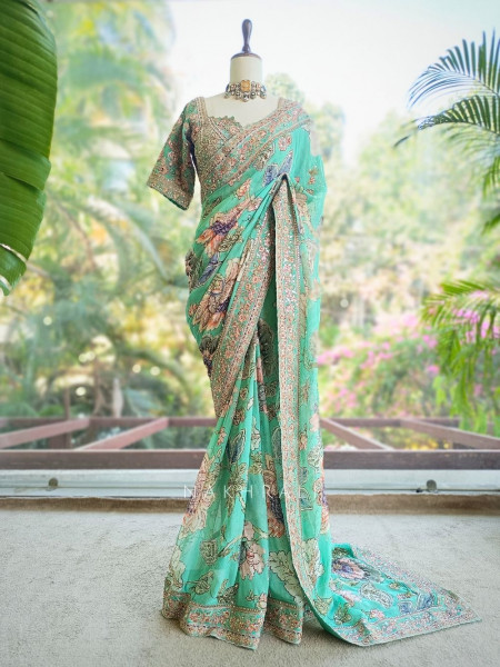Neelvanika Firozi Floral Saree with Sequin Mirror Embroidery