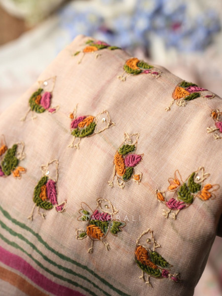 Panchi Beige Twill Blend Dress Material with Bird Thread Embroidery