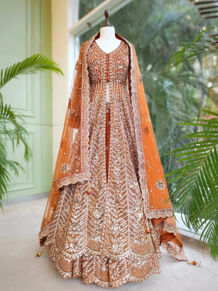 Burnt Gold Orange Indo-Western Lehenga with Zari, Sequin and Beads Work