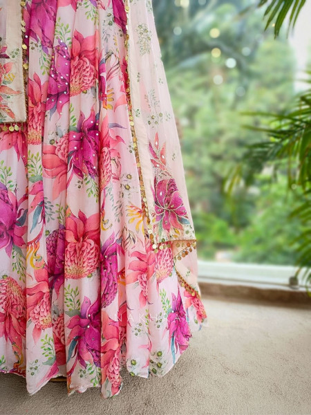 Aaral Pink Floral Print Lehenga with Zari & Sequin Work