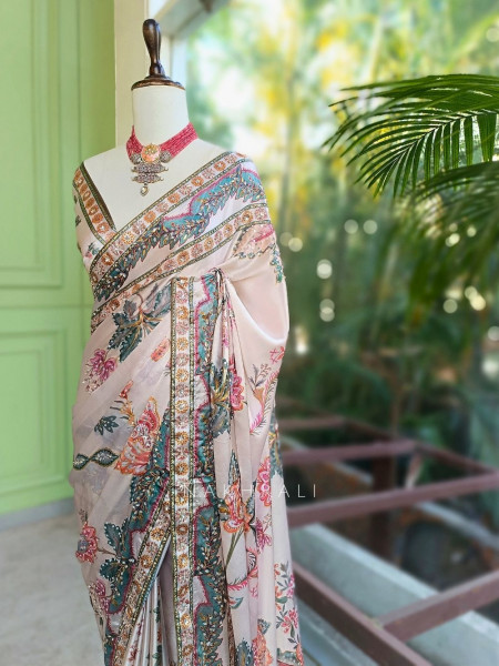 Shreeja Cream Saree with Floral Print and Sequin Work