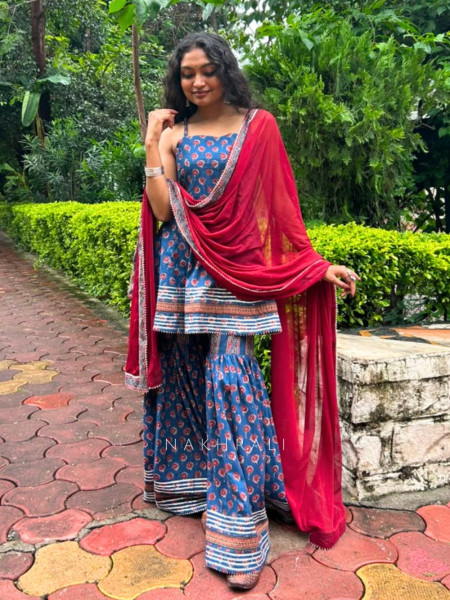 Varanya Blue Cotton – Gharara Suit Set With Traditional Print Detail