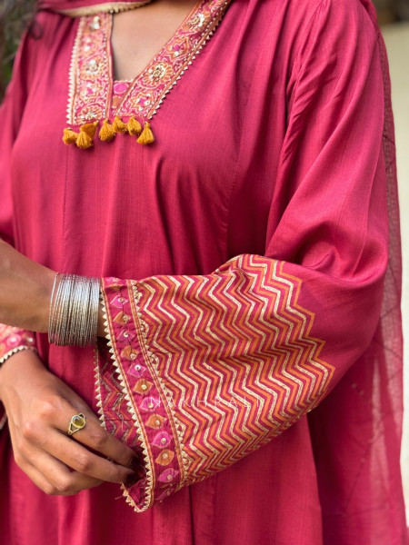 Madhura Maroon Cotton Suit Set with Printed Border Detail