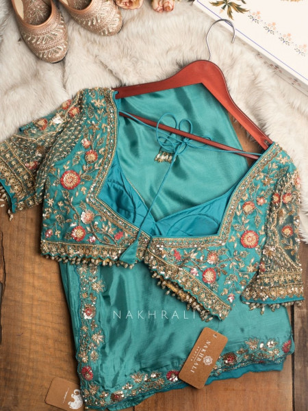 Cinderella Teal Satin Crepe Saree with Embroidered Readymade Blouse