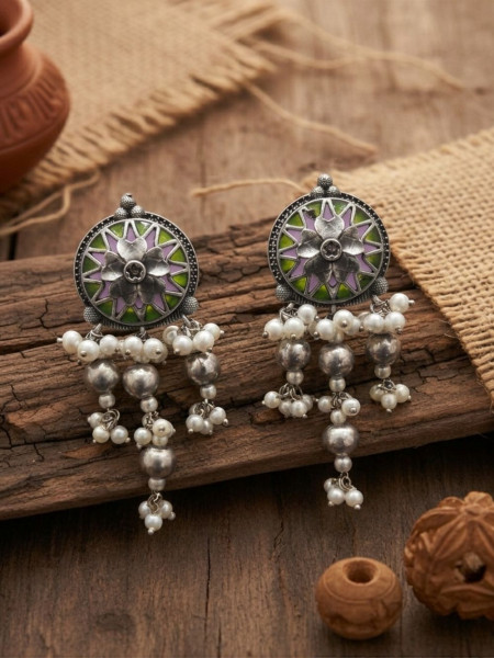 Kusumika Multicolor Oxidised Statement Earrings With  Floral Motif & Pearl Drop Detail