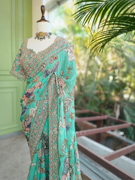 Neelvanika Firozi Floral Saree with Sequin Mirror Embroidery