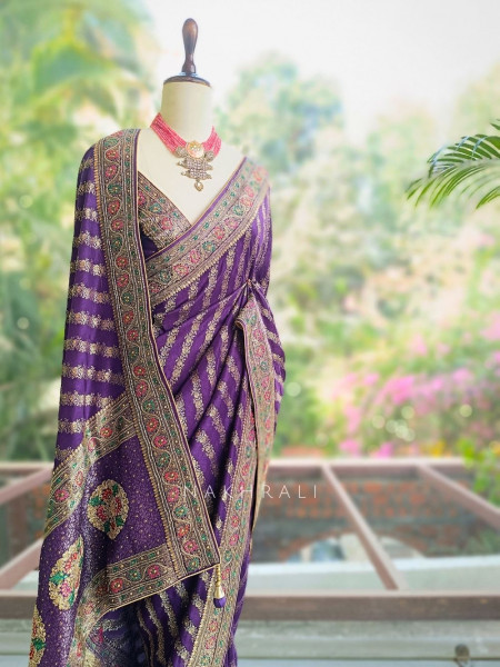 Mayurika Purple Banarasi Brocade Saree with Woven Border