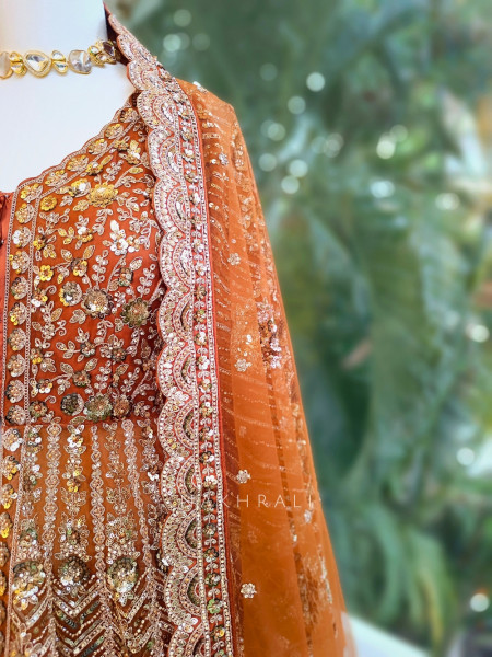 Burnt Gold Orange Indo-Western Lehenga with Zari, Sequin and Beads Work