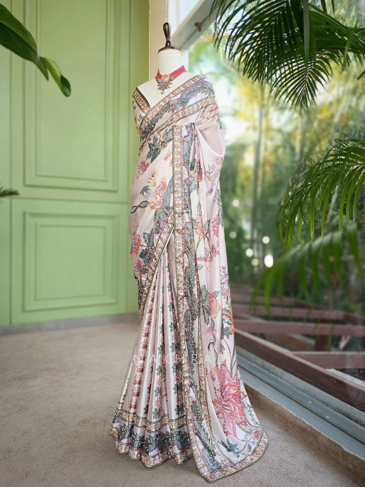 Image of Shreeja Cream Saree with Floral Print and Sequin Work
