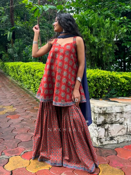 Fasana Red Cotton – Gharara Suit Set With Traditional Print Detail