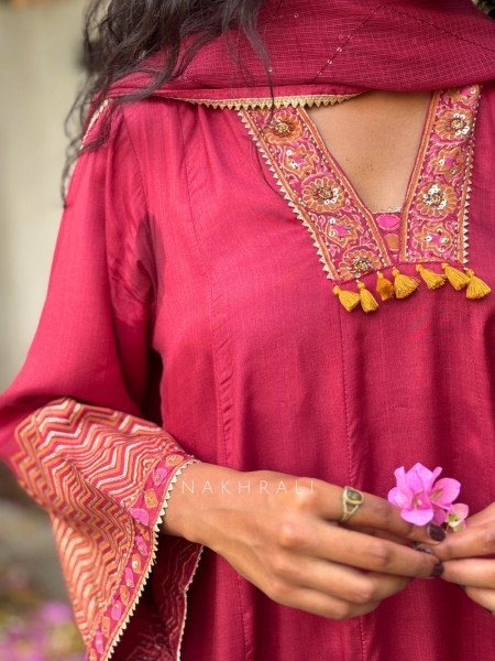 Madhura Maroon Cotton Suit Set with Printed Border Detail