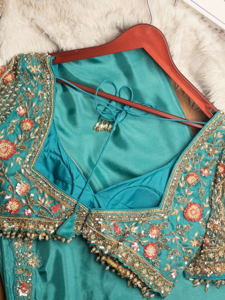 Cinderella Teal Satin Crepe Saree with Embroidered Readymade Blouse