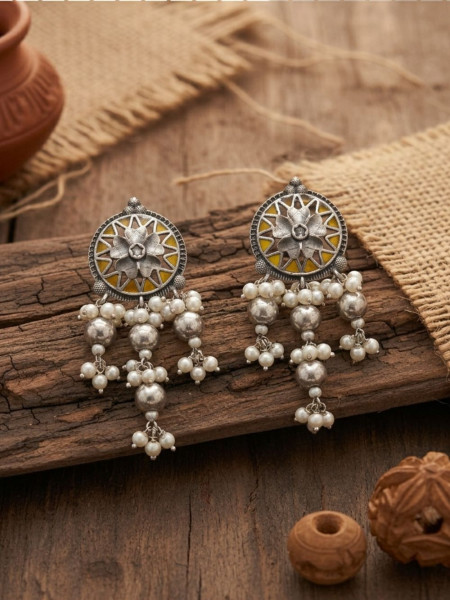 Kusumika Multicolor Oxidised Statement Earrings With  Floral Motif & Pearl Drop Detail