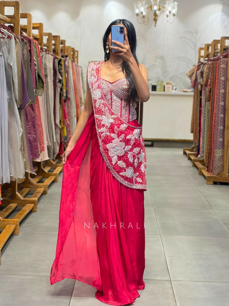 Image of Cocktail Magenta Drape Saree with Cut Dana Sequin Bead Work