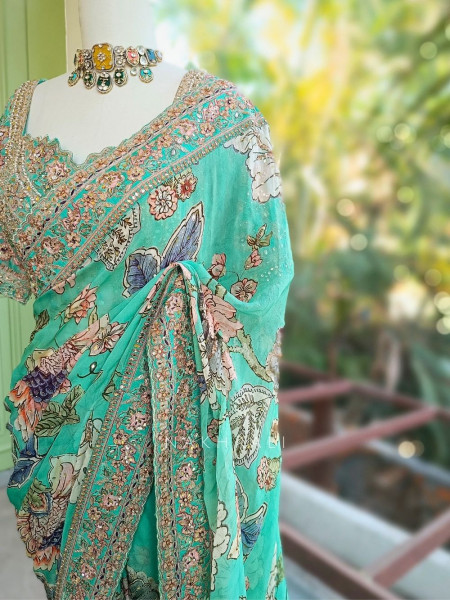 Neelvanika Firozi Floral Saree with Sequin Mirror Embroidery