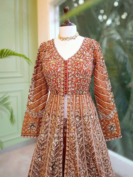 Burnt Gold Orange Indo-Western Lehenga with Zari, Sequin and Beads Work