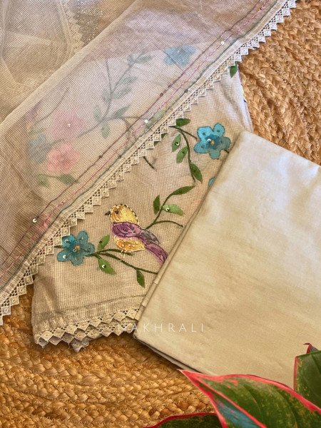 Beige Kota Embroidered Dress Material