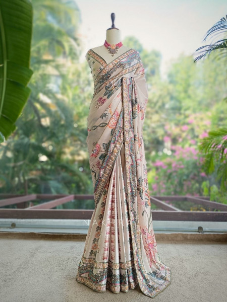 Shreeja Cream Saree with Floral Print and Sequin Work
