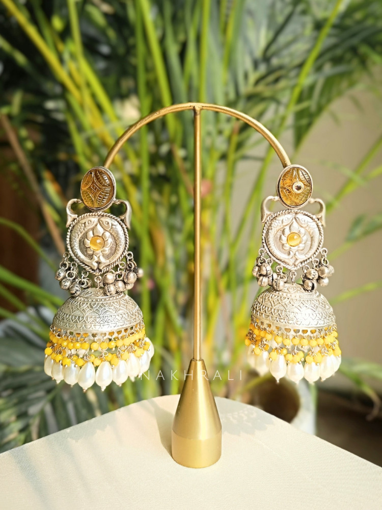 Image of Tanira Yellow Oxidised Jhumka Earrings