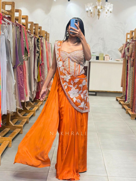 Cocktail Orange Drape Saree with Cut Dana Sequin Bead Work