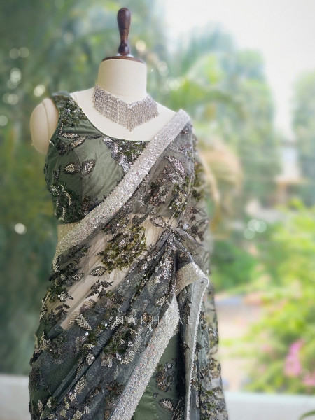 Emerald Glade Green Drape Saree with Sequin and Cut Dana Work