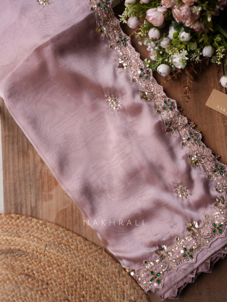 Marrakesh Noor Pink Saree with Readymade Blouse And Cutdana Mirror Work