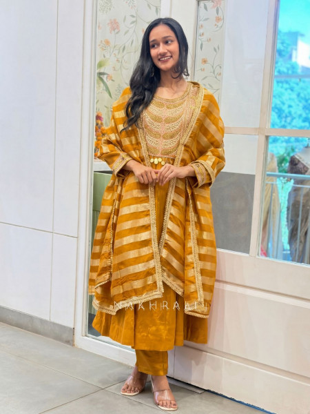 Nakkashi Mustard Suit Set with Embroidery Sequin Work