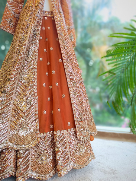 Burnt Gold Orange Indo-Western Lehenga with Zari, Sequin and Beads Work