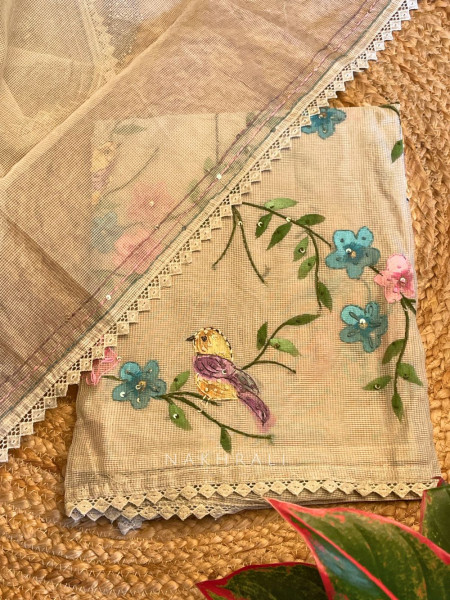 Beige Kota Embroidered Dress Material