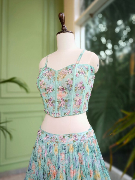 Aarvi Blue Floral Printed Lehenga with Sequin Corset Blouse