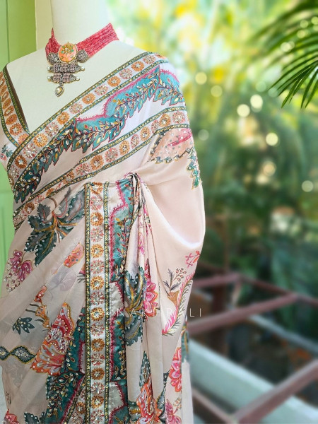 Shreeja Cream Saree with Floral Print and Sequin Work