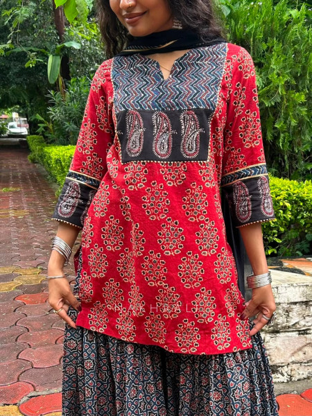 Sargam Red Cotton  Gharara Suit Set With Ajrak-Inspired Print & Contrast Panel Detail