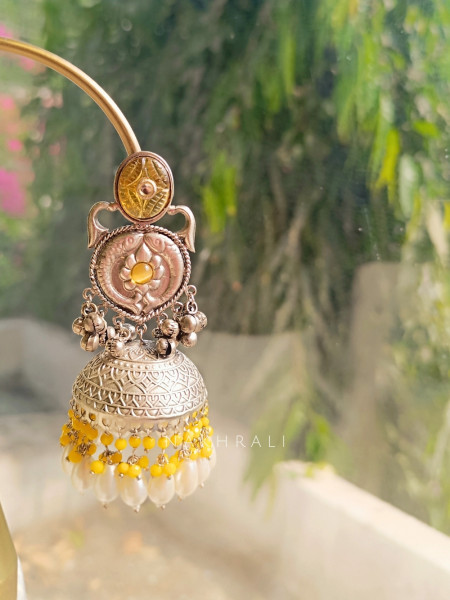 Tanira Yellow Oxidised Jhumka Earrings