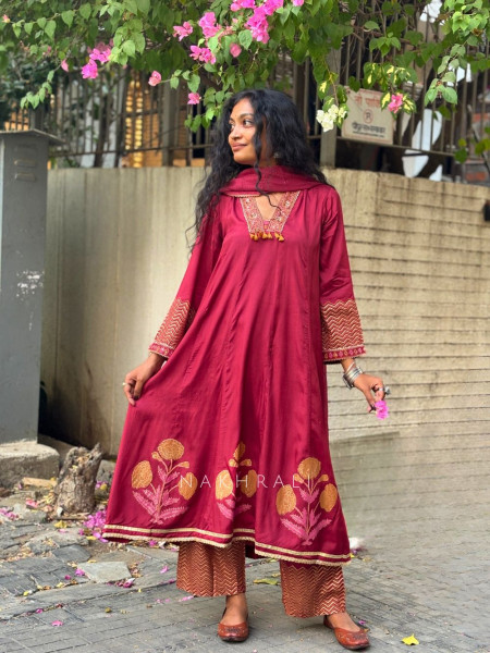 Madhura Maroon Cotton Suit Set with Printed Border Detail