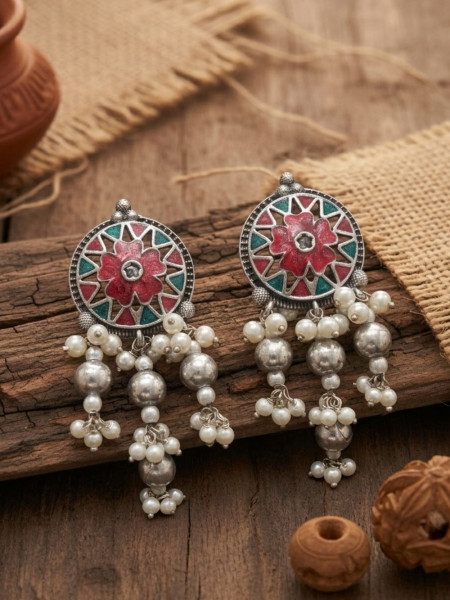 Kusumika Multicolor Oxidised Statement Earrings With  Floral Motif & Pearl Drop Detail