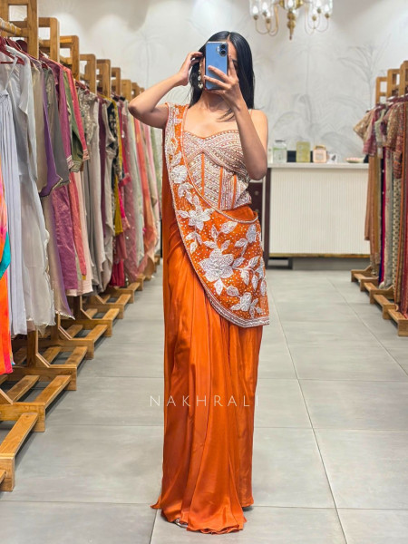 Cocktail Orange Drape Saree with Cut Dana Sequin Bead Work