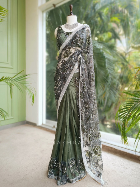 Emerald Glade Green Drape Saree with Sequin and Cut Dana Work