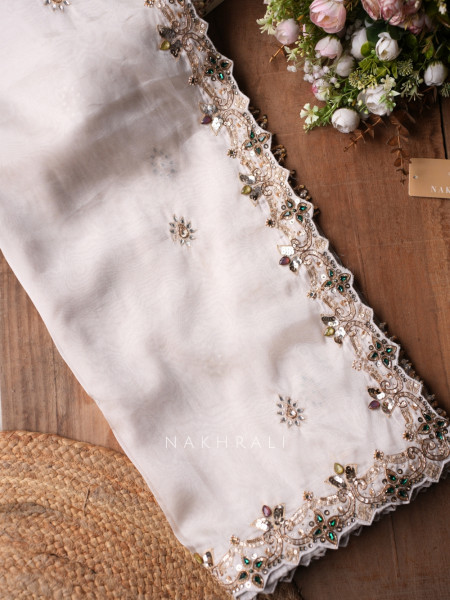 Marrakesh Noor Cream Saree with Readymade Blouse And Cutdana Mirror Work