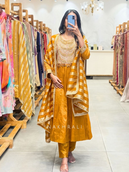 Nakkashi Mustard Suit Set with Embroidery Sequin Work
